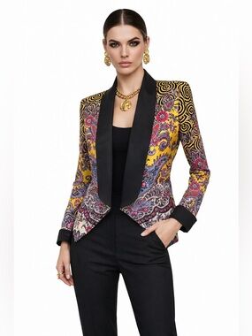 Bebe Vibrant Paisley Open Blazer Jacket Size XS Black Artsy Eclectic Boho